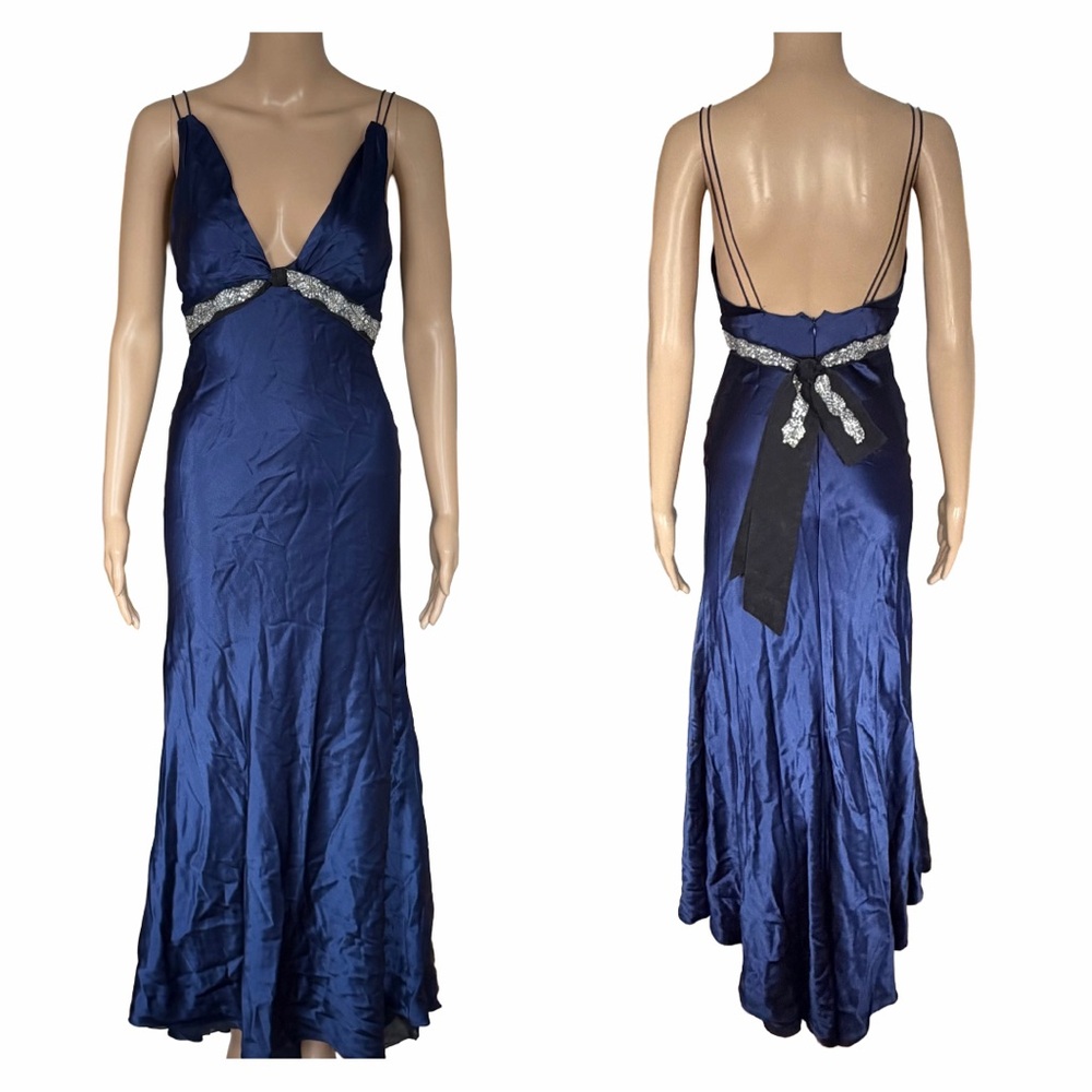Vera Wang Navy Blue V-neck Satin Slip Maxi Gown Bridal Formal Evening Sz 2